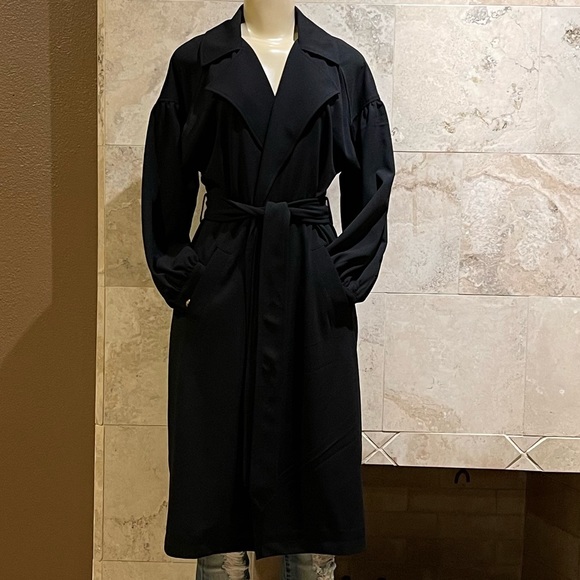 TAHARI black long-line open front trench coat w/belt NWT - Picture 2 of 11